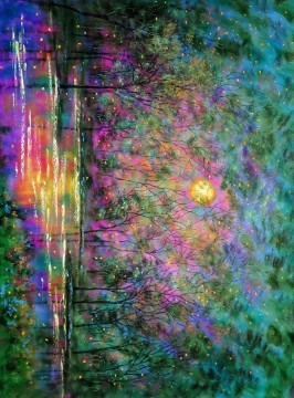 テクスチャード加工 Painting - 日の出 緑の森 紫の湖 庭の装飾 風景 壁アート 自然 風景 テクスチャ